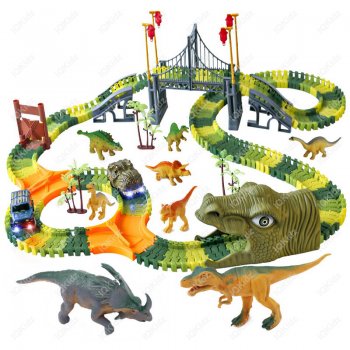 Dinosaur World Race Track Toys - 216pcs Flexible Track Playset with 1 Dinosaur Car, 1 Race Car, 6 Dino Toys, for Kids 3 4 5 6 Year & Up Old (Boys and Girls)